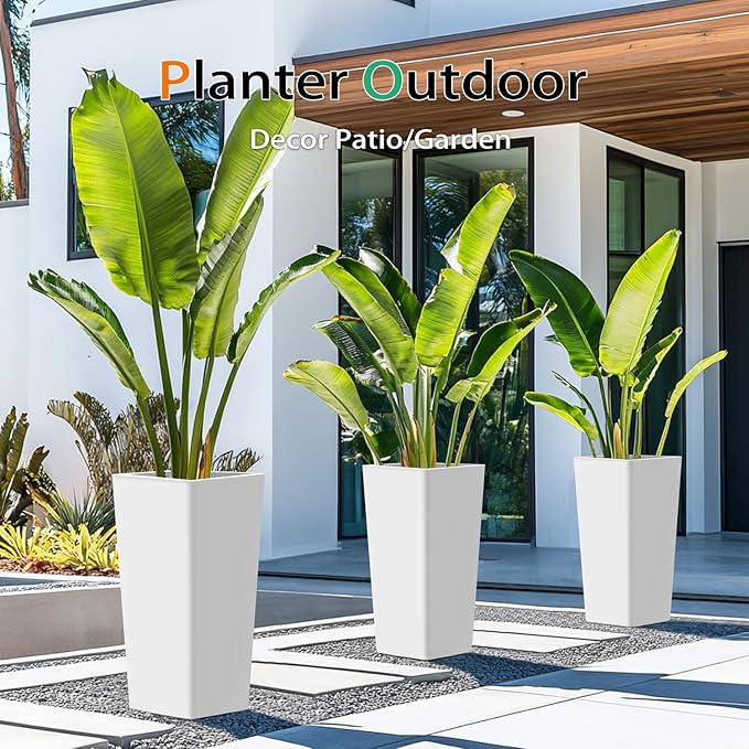 Heyzier Tall Planters for Outdoor Plants, Large Resin Flower Pots for Garden, Front Porch, Patio, Indoor - Set of 2 (White, 28 inch - 2 Pack)
