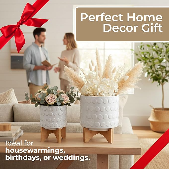 Set of 2 Ceramic Planters with Bamboo Plant Stand Indoor – Elevated Plant Stand Display, Living Room or Patio Planters – Textured Design for Modern Balance and Warmth, Home Decor – 7" & 10.5", White