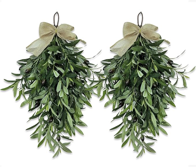 24 Inch Artificial Teardrop Swag Olive Wreath Pendant, Front Door Wedding Arch Window Wall Decoration, Wall Mounted Green Swag Wreath Home Porch Farmhouse Holiday Decoration(2pcs)