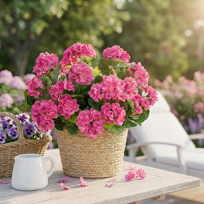 Uqueeten 4pcs Fake Flower Artificial Geranium,Artificial Flowers for Outdoors, Geraniums Artificial Flowers Realistic,Artificial Geraniums for Outdoors Fake Plant Decoration 14.4"(Rose Red)