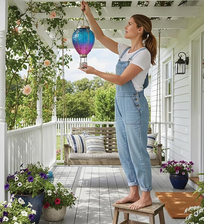 Regal Art & Gift Hot Air Balloon Solar Lantern – Hanging Solar-Powered LED Lights, Waterproof Portable Decorative Outdoor Lamp Made of Metal & Glass for Garden, Patios & Pathway – Blue (Small)