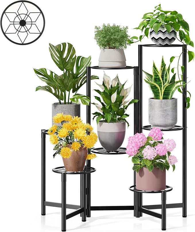 NQW 7 Tier Metal Patio Plant Stand Outdoor, Heavy Duty Flower Stands for Indoor Plants, Floding Tall Corner Shelf for Diaplay Racks for Home Decor, Graden, Balcony -BlackDiamond