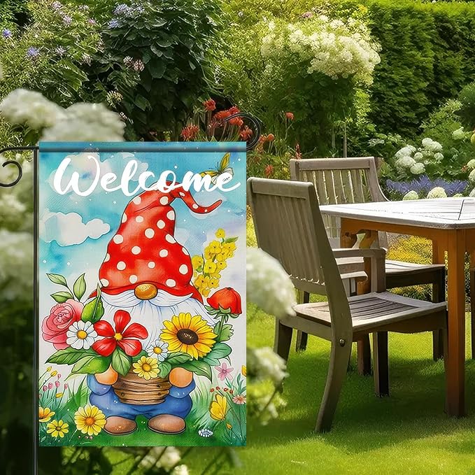 Easter Garden Flag 12x18 Inch Double Sided Cute Gnome Garden Flags Spring Gnome and Flowers Theme Yard Flag Polyester Yard Decoration for Outdoor Lawn and Patio