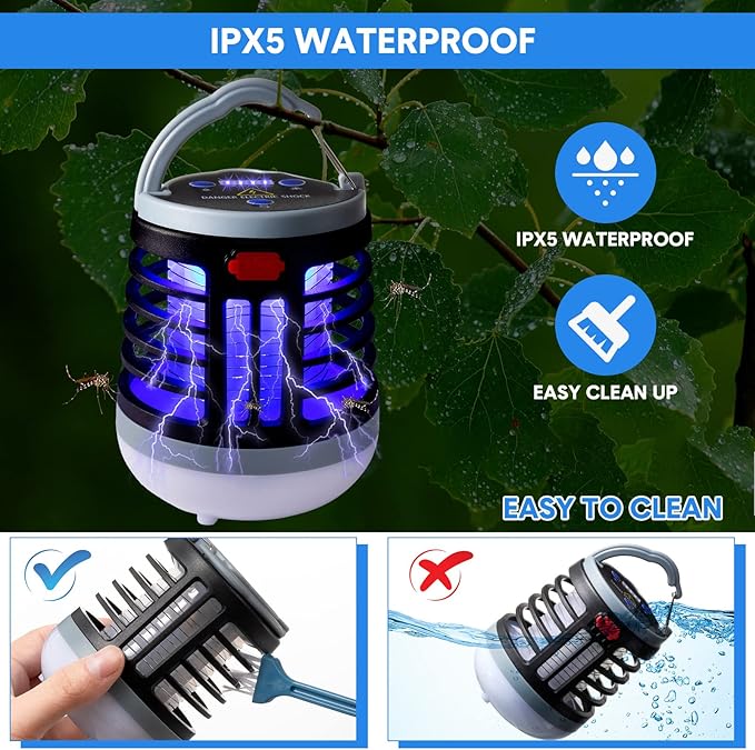 2 Pack 3 in 1 Bug Zapper USB Rechargeable Mosquito Killer Portable Waterproof Mosquito Repellent Outdoor Indoor LED Lantern Bug Zapper Camp Light SOS Emergency Light for Home, Backyard (2, Black)