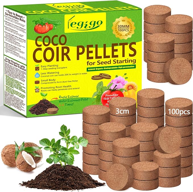 Legigo 100 Pcs 30mm Coco Coir Pellets Seed Starter Soil Mix- Organic Coconut Coir Potting Soil Pods for Seedling, Coco Peat Soil Discs for Indoor & Outdoor Plants Bonsai Herbs Vegetables and Flowers