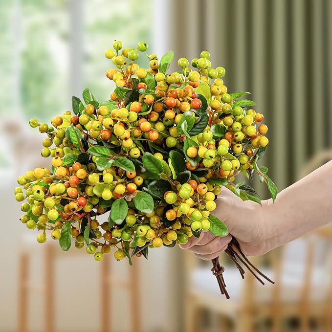 SHACOS Artificial Orange Fall Berry Stems 20 PCS Fake Berries Branches Spray with Green Leaves 9.8 inch Small Berry Picks for Thanksgiving Christmas Floral Crafts Home Decor, Orange Yellow