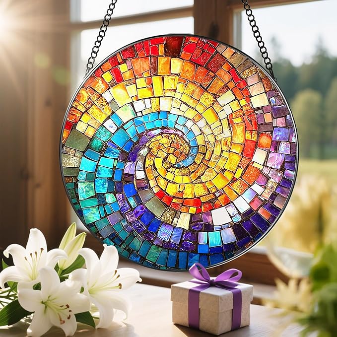 LAOWEIKI 8'' Rainbow Spiral Suncatcher Ornament, Stained Glass Window Hanging, Sun Catchers for Windows Hanging Ornaments, Window Decor, Ideal Gift | Gifts for Art Lovers, Friends, Family