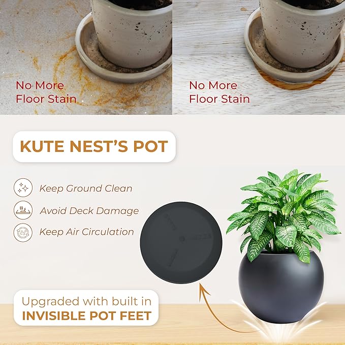 KUTE NEST 9.7" H x 12" D Globo Fiberstone Round Planter with Drainage Hole, Smooth Finishes, Weather Resistant for Indoor and Outdoor Use, Included 2 Extra Coco Mats (Black, 7.8" Pot Opening)