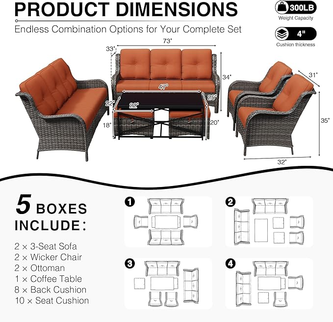 Joyside 7 Piece Wicker Patio Furniture Set, Rattan Patio Chairs with High Back, Deep Seating, Wide Armrest, Thickened Cushions, Outdoor Furniture for Deck, Porch Use