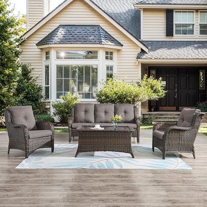 Belord High Back Patio Chairs Set of 2 - Brown Wicker Chairs Outdoor Seating, 4" Wide Armrests Rattan Outdoor Club Chair with Grey Removable Cushion for Deck Porch Backyard