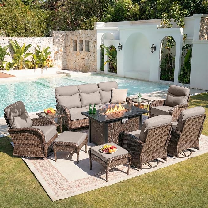 Belord Upgraded 6“ Cushion Luxury 10 Piece Patio Furniture Set with Fire Pit Table - Outdoor Couch & High Back Swivel Rocker Patio Chairs, Wicker Outdoor Furniture for Deck Porch Yard - Brown/Beige
