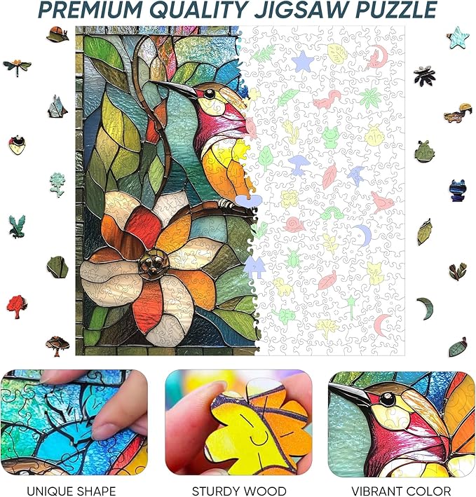 Qiuenisray Wooden Puzzles for Adults 500 Piece, Stained Glass Hummingbird Puzzle, FSC Certified Wall Decor Unique Animal Shape Puzzles, for Family Friend 15.9x15.9 in
