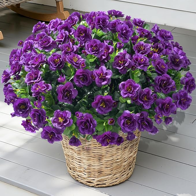 Artificial Fake Outdoor Flowers Plants, Faux Silk Purple Camellia Bundles UV Resistant No Fade Realistic for Planter Pot, Outside Porch Patio Balcony Garden Yard Home Decoration, 3 Large Bundles