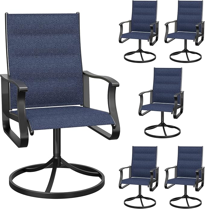 Patio Swivel Chairs Set of 6, Outdoor Dining Chairs with High Back, 360° Swivel Rocker Chair in All-Weather Padded Textilene & Metal Frame for Garden, Porch, Backyard, Balcony(Padded Navy)