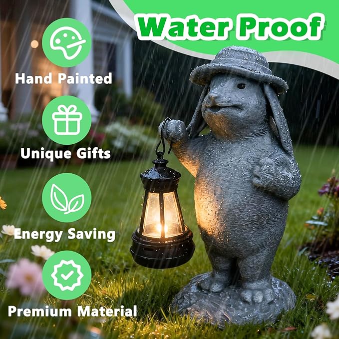 Solar Rabbit Garden Statue with Hanging Lantern - Funny Outdoor Bunny Figurine Easter Decor- Waterproof Resin Sculpture for Yard, Patio, Pathway - Unique Housewarming Gift for Women, Mom & Grandma