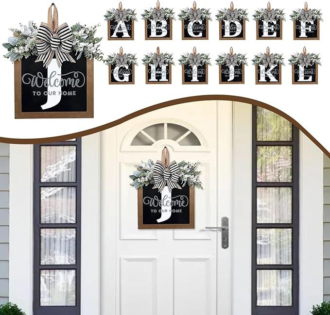 Ultra Large 14'' Last Name All Year Round Front Door Wreath with 26 Initial Letter Welcome Sign All Seasons Eucalyptus Garland and Bow Wreaths for Front Door Porch Farmhouse Decoration (J)