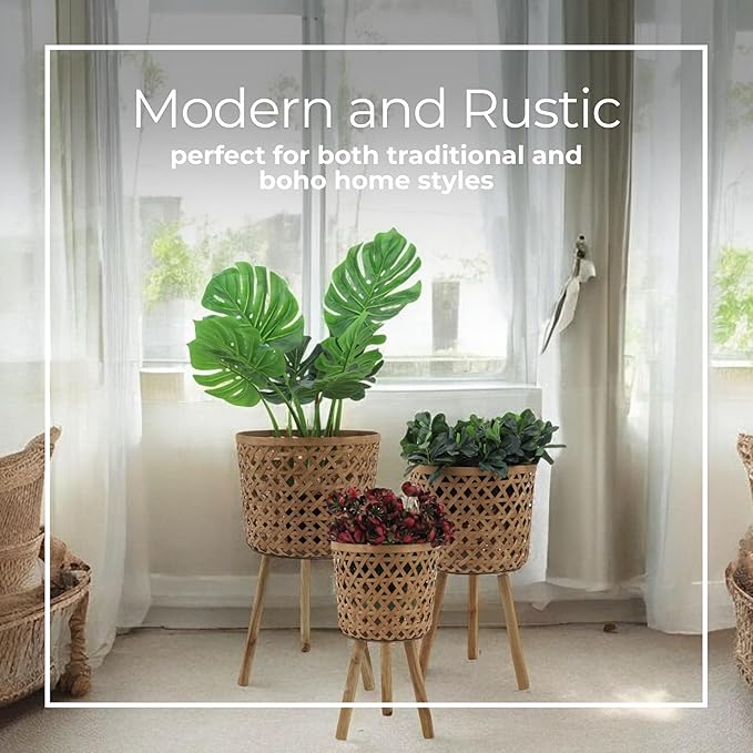 Set of 3 Woven Basket Decorative Planter Pot with Stand – Handcrafted Bamboo Pine Wood Outdoor & Indoor Plant Pot – Boho Garden & Home Decor Planters – 19", 22", & 26", Brown
