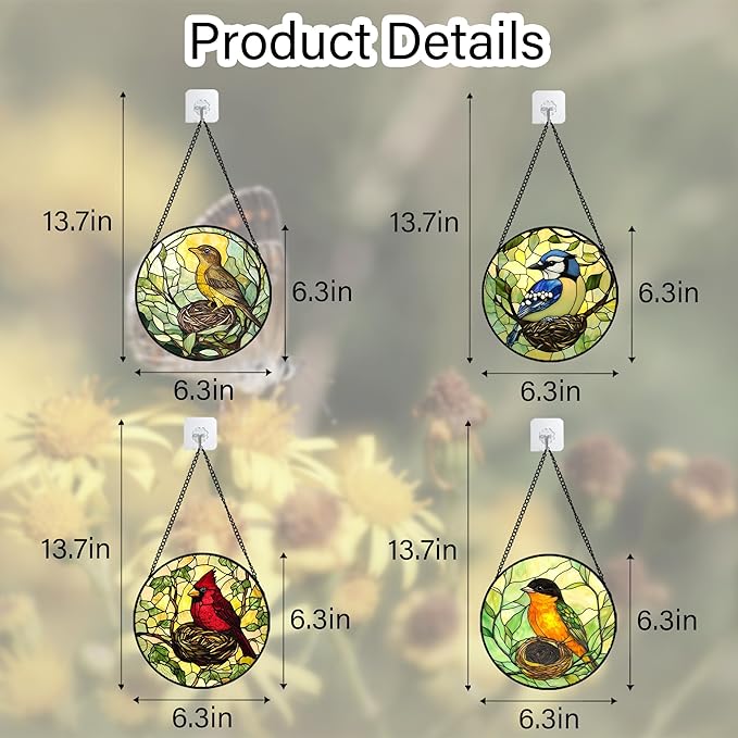 DASTOLL Stained Glass Window Hanging 4 Pcs Set Bird Theme On Branch 6.3" - Cardinal Suncatcher Door Garden Sun Catcher Decor Birthday Christmas for Mom Woman Nana Men