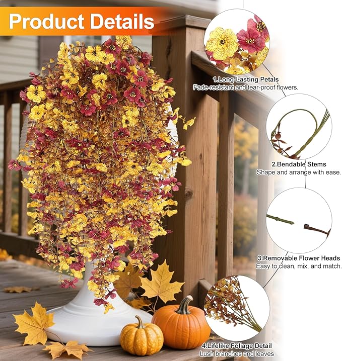Fall Decor Artificial Flowers for Outdoor Decoration, 4Pcs Fake Hanging Flowers Mums Silk UV & Fading Resistant, Artificial Faux Plants for Home Patio Yard Garden Farmhouse Halloween