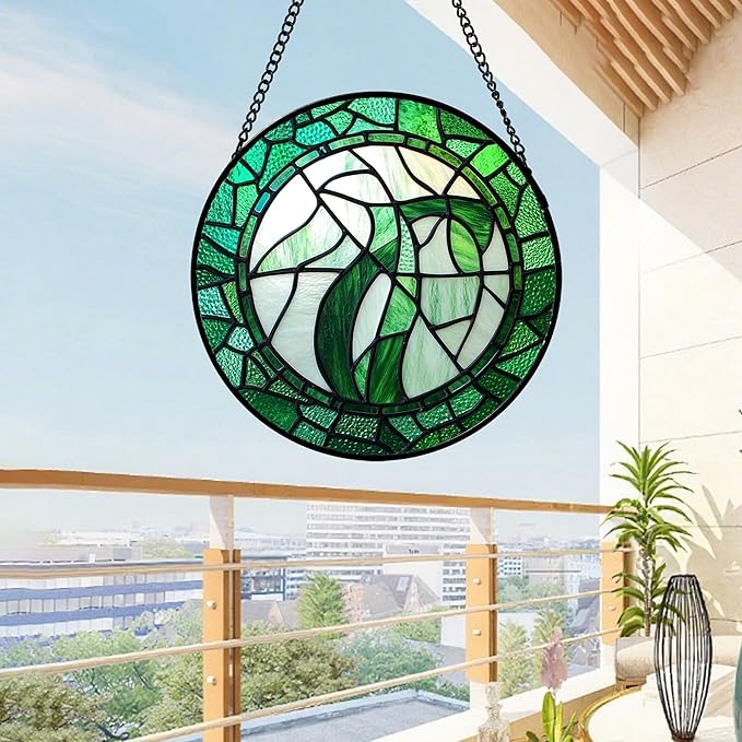 QZQCBLC Stained Glass Window Hanging Abstract Green Plants Large 11.8" - Suncatcher Door Garden Sun Catcher Home Ireland Decor Birthday Mother's St Patrick's Day Gifts for Mom Men Woman Wife Friends