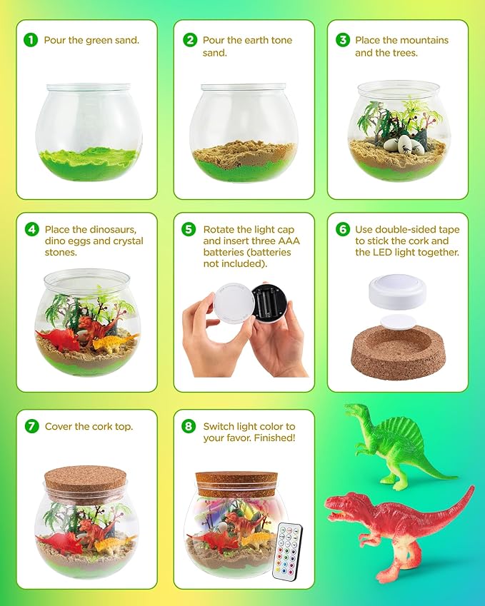 D-FantiX Dinosaur Toys Terrarium Kit for Kids, LED Dino Night Light, DIY Arts and Crafts Science Projects Kit, Birthday Gifts for Boys Age 3 4 5 6 7 8-12 Year Old