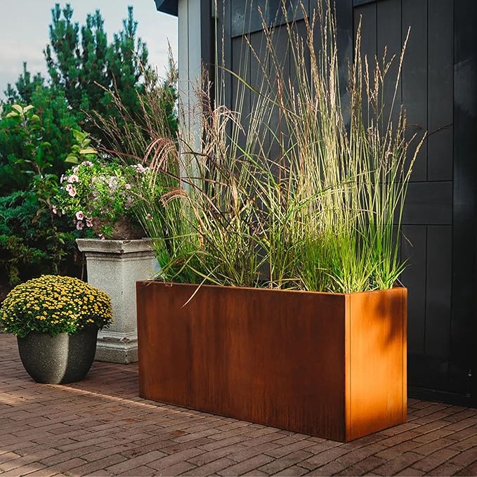 GZLVSOW Corten Steel Corner Metal Planter Box L36 x W12 x D16 Rusted Garden Steel Planter Pot for Patio Modern Farmhouse Rustic Design (L36 x W12 x D16, Rusted)