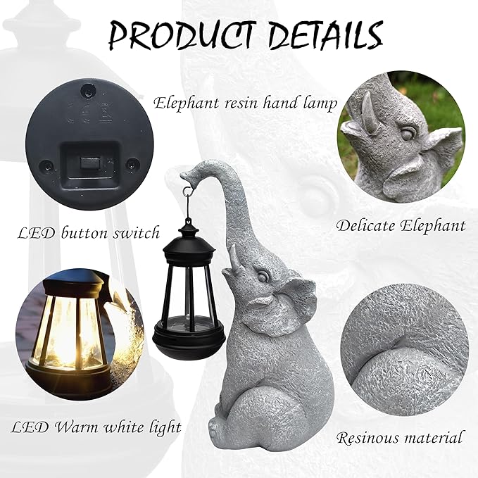 Qobumy Elephant Solar Garden Statues,Resin Elephant Figurine Decorations with Solar Lights Lantern, Outdoor Figurines Lawn Garden Statue Decor Art for Lawn,Yard, Balcony Ornament.