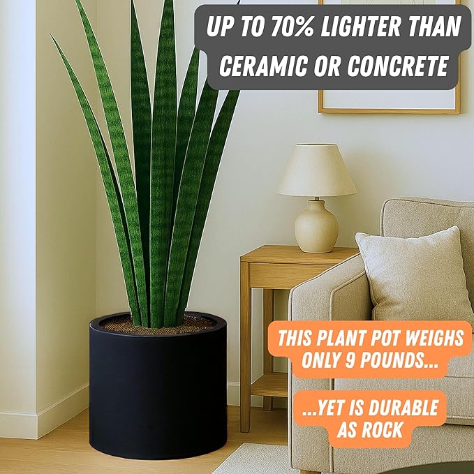 Fox & Fern 14.6 Inch Extra Large Planter — Premium Lightweight Fiberstone Matte Black Plant Pot with Drainage Plug - Big Planter for Indoor & Outdoor Use - Weather Resistant & UV Resistant