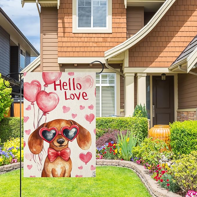 Valentine's Day Dachshund Hello Love Garden Flag, House Yard Plaid Love Heart Outside Decoration, Spring Holiday Wedding Anniversary Outdoor Small Decor 12x18(12645)