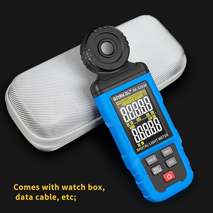 SNAKOL Spectral Illuminance Meter SK-8302A Light Meter, Lux Meter, CCT,RA,CRI,R9,Range up to 200,000 Lux 2500K-15000K, Color Coordinate,Data Storage, USB Charger, PC Software,Lighting Testing Tool