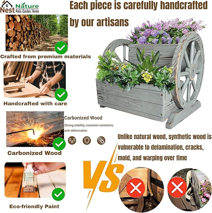 NestNature Wooden Wagon Planter Box,Raised Garden Bed,Decorative Garden Planters with Wheels-Outside Flower Pots for Indoor/Outdoor Décor Plants (Antique Gray)