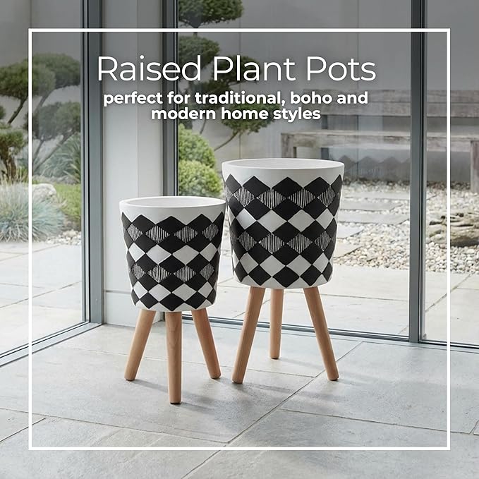 Sagebrook Home Set of 2 Geometric Planters on Stands - Resin & Wood Mid-Century Modern Plant Pots for Indoor/Outdoor Home & Garden Decor - 12" & 10", Black & White G