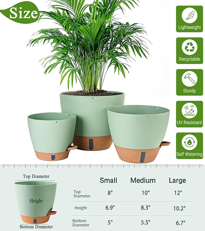 Fielda 8/10/12 Inch Self Watering Pots for Indoor/Outdoor Plants - Large Plastic Planter with Drainage Holes, Water Level Indicator & Deep Reservoir, Modern Decorative Flower Pots (Green)