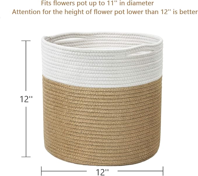 TIMEYARD Jute Rope Plant Basket Large Modern Woven Basket for 11'' Flower Pot Floor Indoor Planters, 12''x12'' Storage Baskets Rustic Home Decor White and Jute