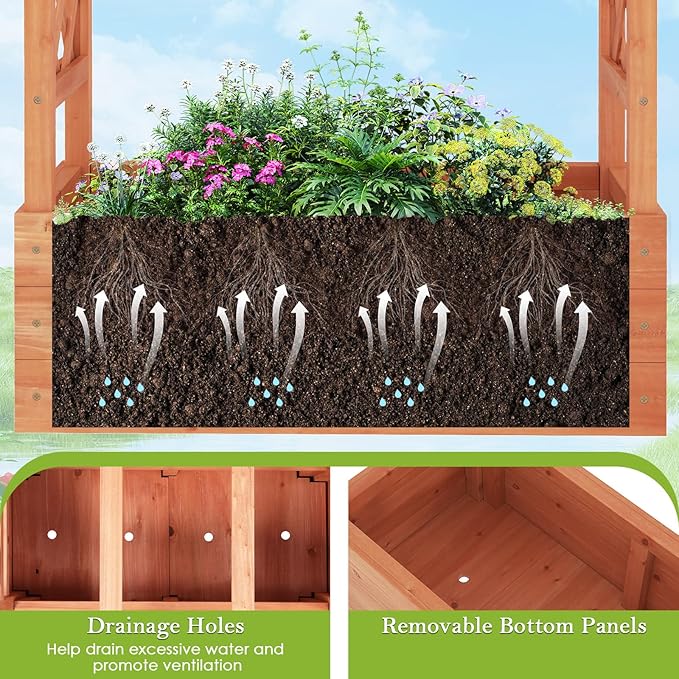 HAPPYGRILL Raised Garden Bed w/Trellis, 2 Wooden Elevated Planter Box w/Hanging Roof, Drainage Holes & Removable Bottom Panels for Climbing Vine Flower, Indoor Outdoor Wood Planter for Yard Patio