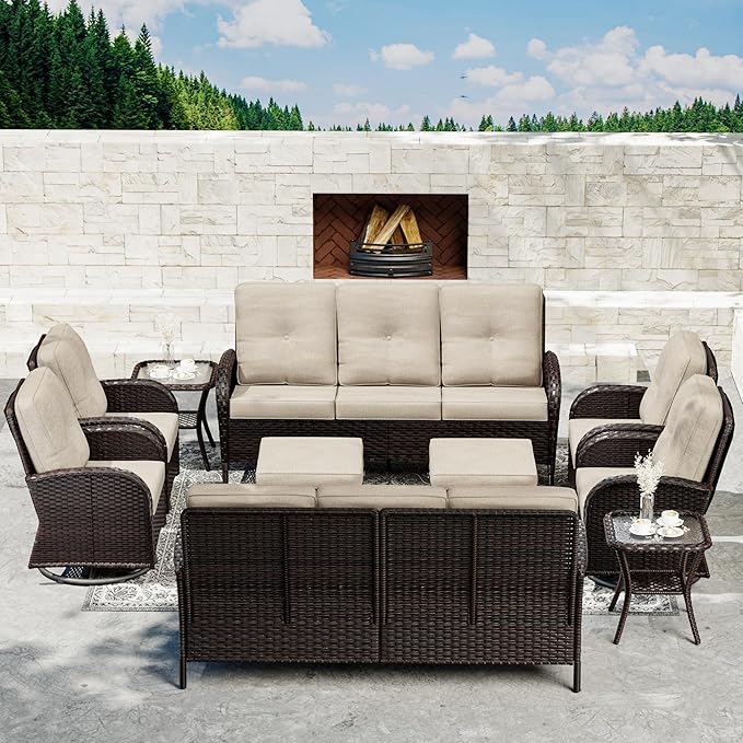 Joyside Wicker Patio Furniture Set, 10 Piece Outdoor Furniture Set with Thickened Cushions, High Back, Deep Seating, Wide Armrest, Outdoor Swivel Rocker Chairs for Porch, Deck