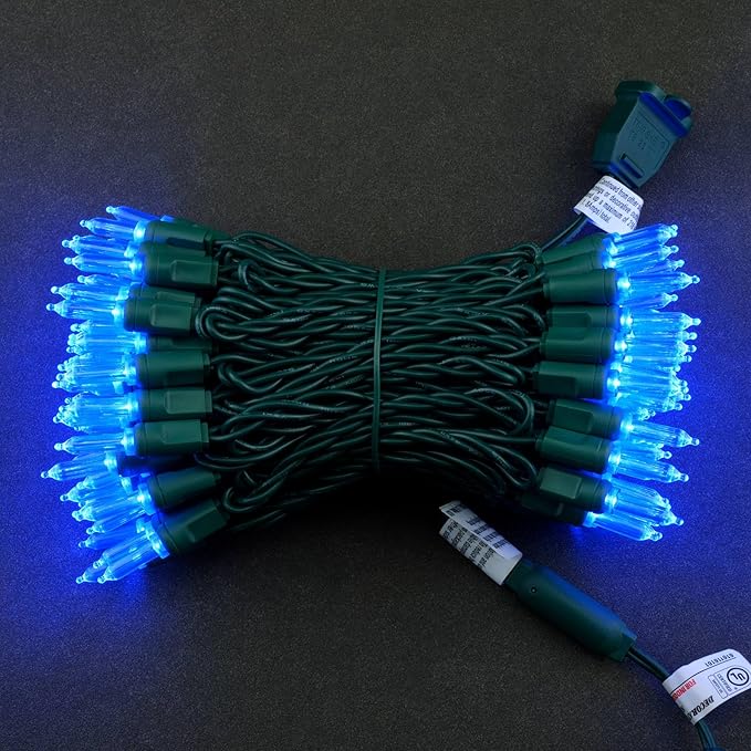 YULETIME 100 Blue One-Piece T5 LED Christmas Lights, 33 ft High Waterproof UL Certified Green Wire String Lights (Blue)
