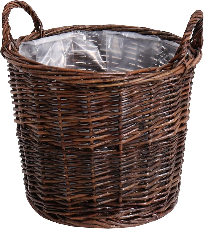 Handwoven Red Willow Planter Basket with Waterproof Liner – Natural Brown Decorative Flower Pot Holder for Indoor Use - Medium Size (Inner Top Ø 10", Inner Height 8")