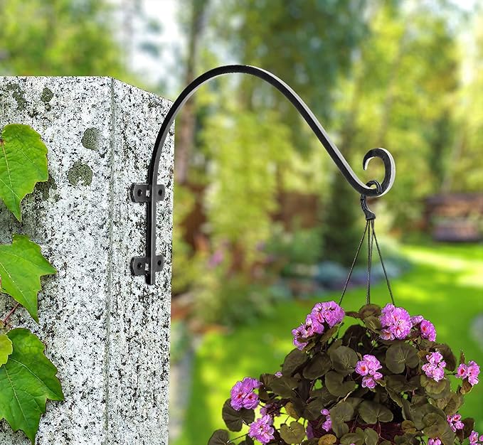 Monarch Abode Hanging Basket Hooks, Heavy Duty Metal Plant Hangers Outdoor or Indoor for Flower Basket, Wall Fence Hooks for Bird Feeder Bracket, Set of 2, 14-inch Black Plant Wall Hanger
