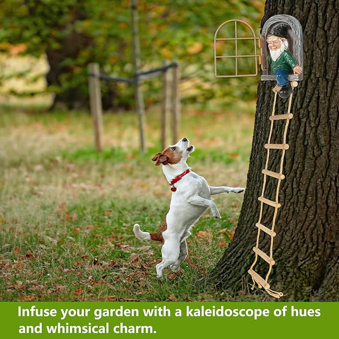 Garden Gnomes Decoration Outdoor tree faces decor with Hanging Ladder for Yard, Elf Out The Door Tree Hugger Resin Garden Sculpture Peeker Yard Art Ornament Whimsical Gnome Decor for Patio Yard Lawn