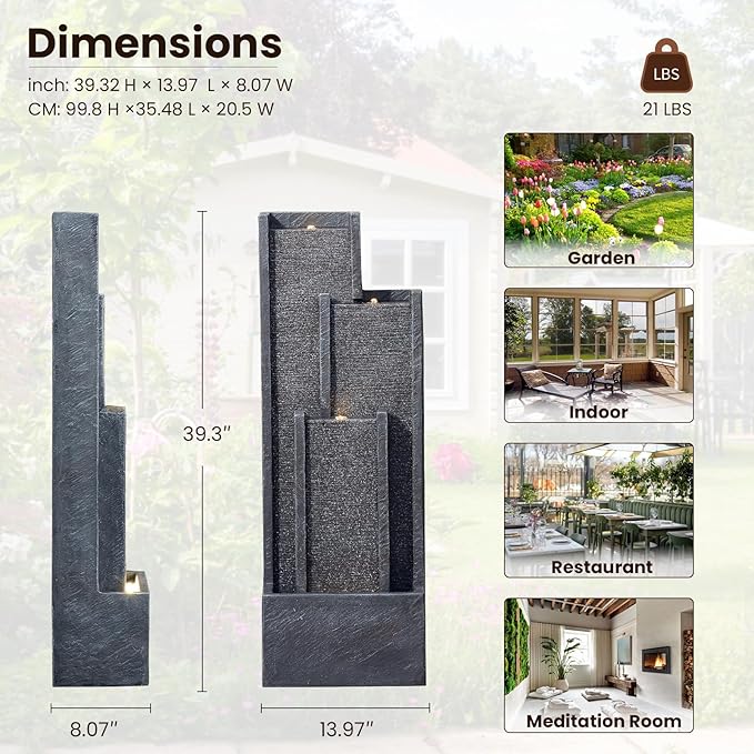 39" Modern Outdoor Water Fountain with LED Lights – Grey Tiered Geometric Indoor Waterfall Fountain for Garden, Lawn, Porch or Backyard Décor, Floor Standing Resin Patio Water Feature Outside