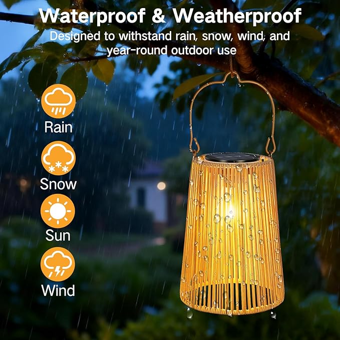 2 Pack Solar Lanterns Outdoor Waterproof, Hanging Rattan Woven Solar Lights with Auto On/Off, Decorative Gifts for Garden, Yard, Patio, Tree, Porch, Lawn, Pathway & Outside Tabletop Decor