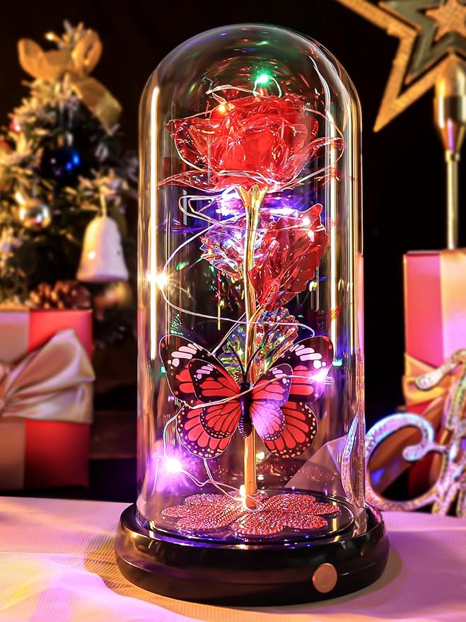 Valentines Day Rose Gifts for Her Birthday Gift for Women, Rechargeable Galaxy Glass Rose in Glass Dome Eternal Crystal Flower Butterfly Gift Valentine Gifts for Women Daughter Mom Wife Girlfriend Red