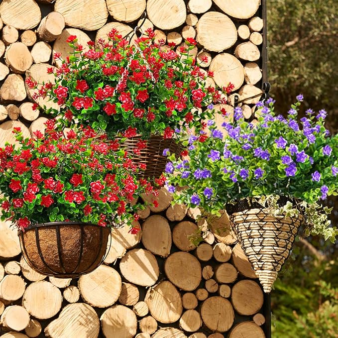 Grunyia 10 Bundles Artificial Fake Flowers, Faux Outdoor Plastic Plants UV Resistant Shrubs Outside Indoor Decorations (Red-Eucalyptus)