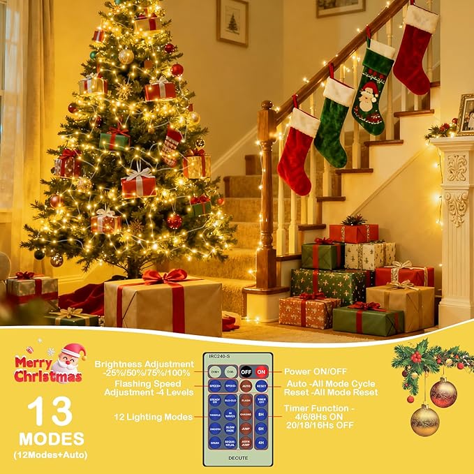 Decute 300LED Christmas Tree String Lights 99FT Silver Wire Warm White Dimmable with Remote Control, UL Cerficated Plug in Fairy Lights Decorative for Party Wedding Indoor Outdoor