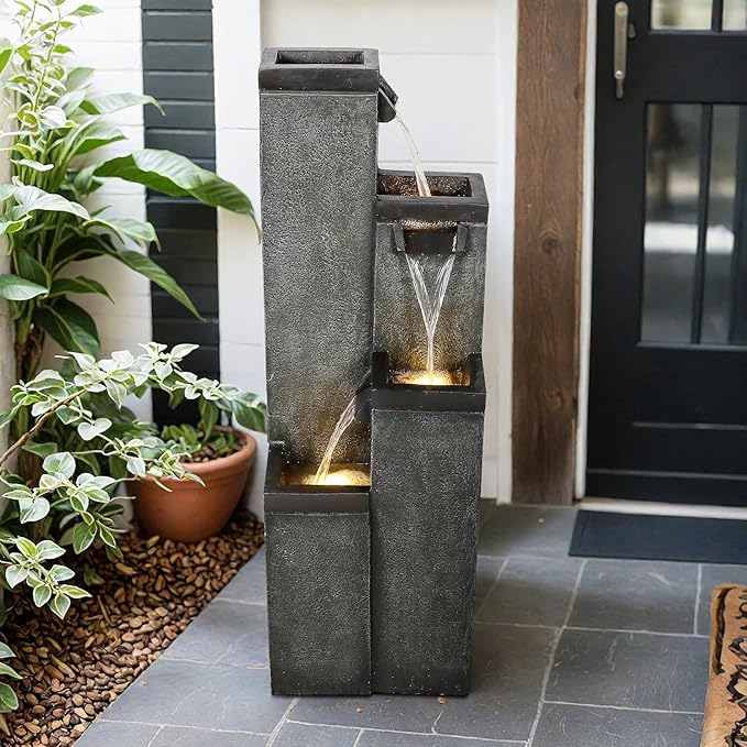 SunJet 4-Tier Modern Water Fountain, Indoor/Outdoor Resin Water Fountains with Soothing Water Sounds, Perfect for Garden, Patio, Home & Office, 12.5" L x 9.4" W x 39.3" H