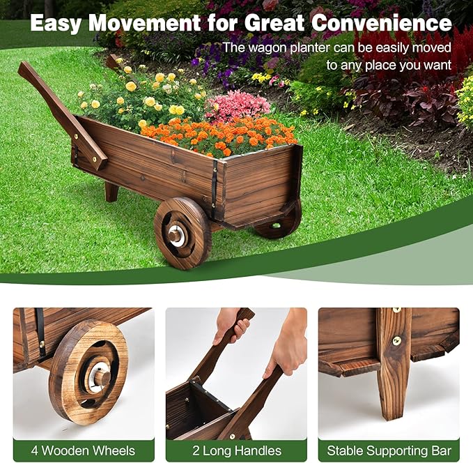 Giantex Wooden Wagon Planter Box, Decorative Wagon Cart with Wheels, Handles, Drainage Hole, Flower Planter Pot Stand, Rustic Flowerpot Planter, Indoor & Outdoor Garden Patio Balcony