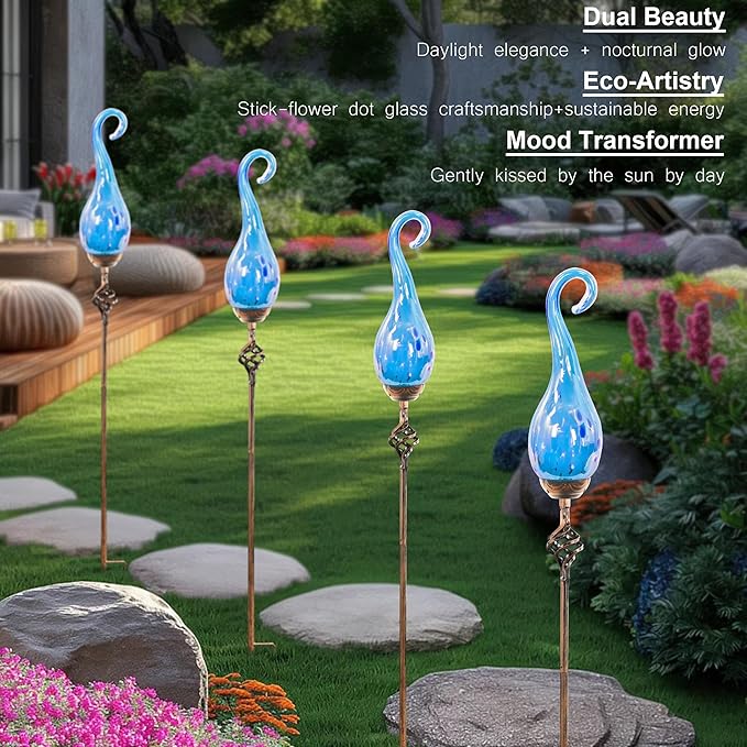 Naboher Garden Solar Lights Outdoor, Decorative LED Pearlized Glass Spiral Garden Stake with Finial, Hand Blown Glass and Metal Outdoor Decoration, 3 x 36 Inch (Light Blue)