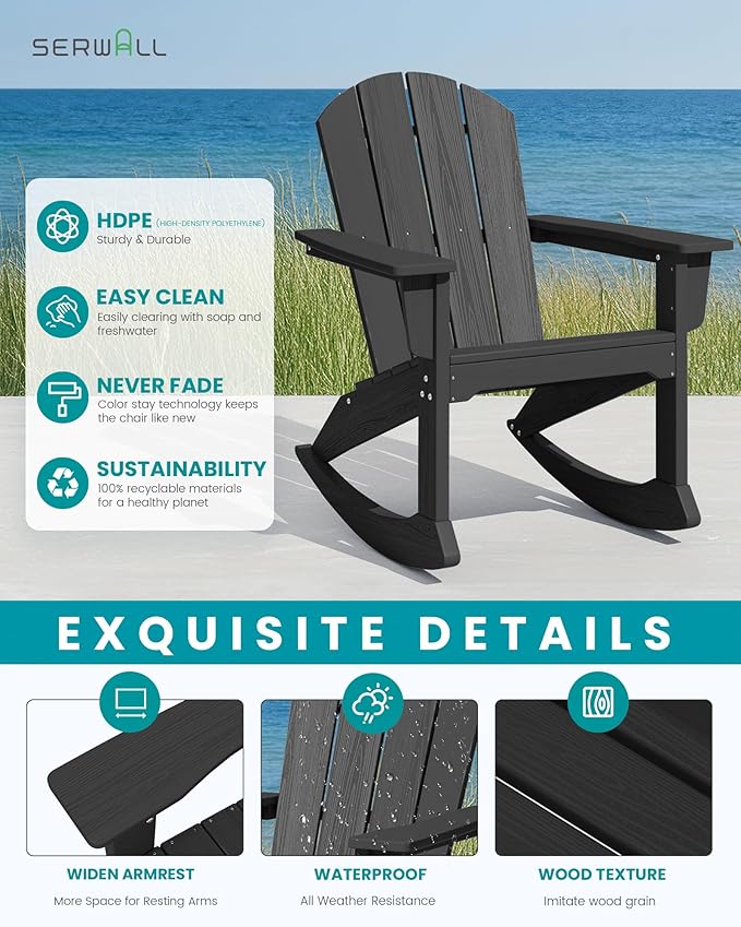 SERWALL Outdoor Adirondack Rocking Chairs Set of 6, All-Weather HDPE Adirondack Rocker Chair, Front Porch Rocker Chairs for Patio Lawn Porch Deck, Black