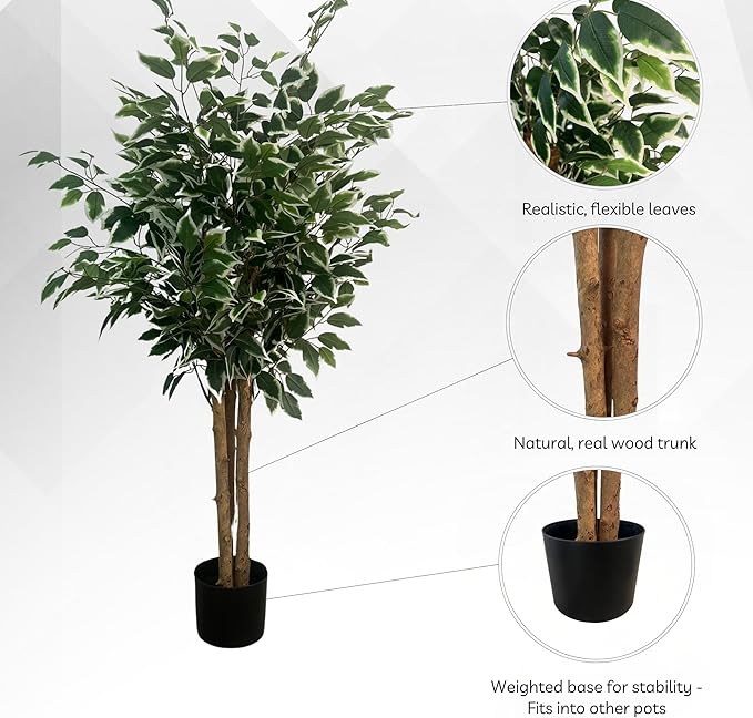 XBrand 47.2-Inches Two-Tone Variegated Artificial Ficus Tree in Pot for Indoor Outdoor Home Office Store, Great Housewarming Gift